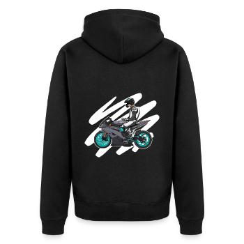 Supermoto / Supermotard / Supermoto Wheelie Biker - Unisex Premium Bio Zip Hoodie - Schwarz - Hinten - Nico (187cm)