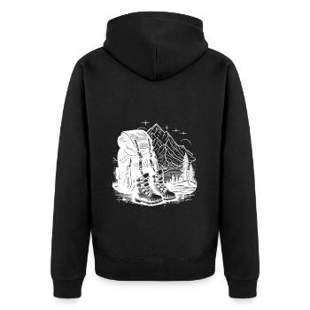 Wanderrucksack und Schuhe, Lineart Wanderdesign - Unisex Premium Bio Zip Hoodie - Schwarz - Hinten - Nico (187cm)