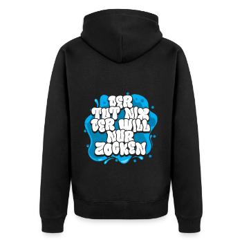 Gamer Zocker Der tut nix der will nur Zocken - Unisex Premium Bio Zip Hoodie - Schwarz - Hinten - Nico (187cm)