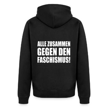 alle zusammen gegen den faschismus - Unisex Premium Bio Zip Hoodie - Schwarz - Hinten - Nico (187cm)