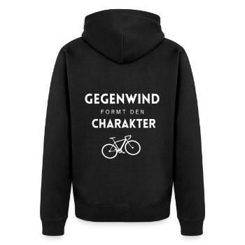 Gegenwind formt den Charakter - Unisex Premium Bio Zip Hoodie - Schwarz - Hinten - Nico (187cm)