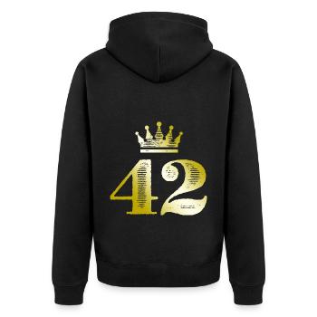 42 Zahl Krone Gold - Unisex Premium Bio Zip Hoodie - Schwarz - Hinten - Nico (187cm)