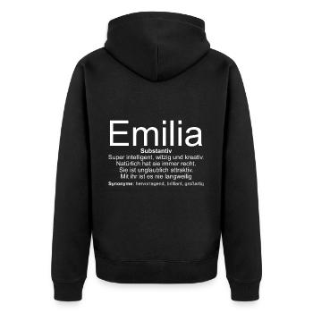 Name Definition Emilia - Unisex Premium Bio Zip Hoodie - Schwarz - Hinten - Nico (187cm)