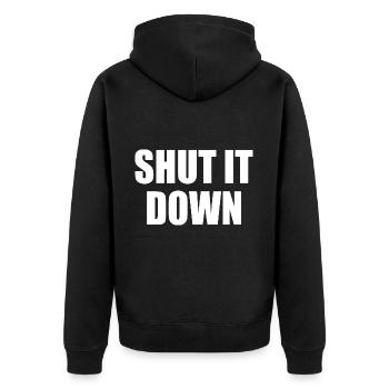 shut it down - Unisex Premium Bio Zip Hoodie - Schwarz - Hinten - Nico (187cm)