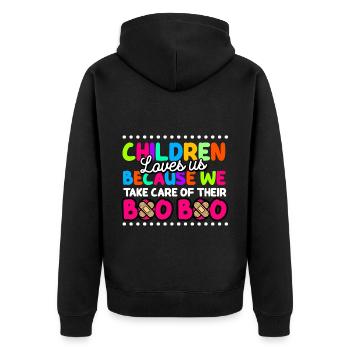 Children love us because we care for their boo boo - Unisex Premium Organic Zip Hoodie - black - Back - Nico (187cm)