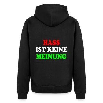 hass ist keine meinung - Unisex Premium Bio Zip Hoodie - Schwarz - Hinten - Nico (187cm)