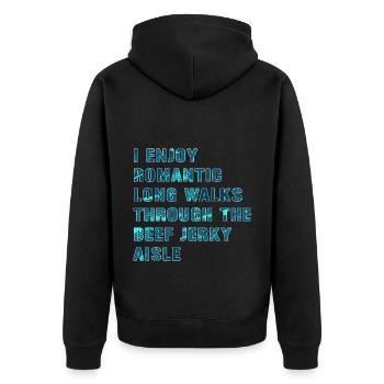 Ich genieße romantische Spaziergänge durch den - Unisex Premium Bio Zip Hoodie - Schwarz - Hinten - Nico (187cm)
