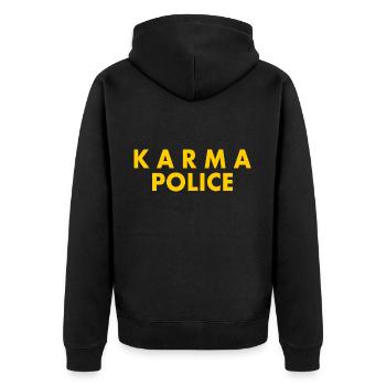 Karma police - Unisex Premium Bio Zip Hoodie - Schwarz - Hinten - Nico (187cm)