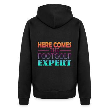Here Comes The Footgolf Expert - Unisex Premium Bio Zip Hoodie - Schwarz - Hinten - Nico (187cm)