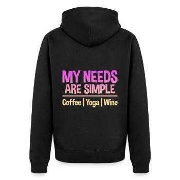 My Needs Are Simple, Coffee Yoga Wine 2 - Unisex Premium Bio Zip Hoodie - Schwarz - Hinten - Nico (187cm)