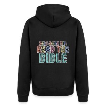 Self Care Tip Read The Bible 2 - Unisex Premium Bio Zip Hoodie - Schwarz - Hinten - Nico (187cm)