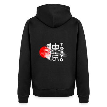 Tokio Japan Asien Stadt Skyline Schrift Grunge - Unisex Premium Bio Zip Hoodie - Schwarz - Hinten - Nico (187cm)