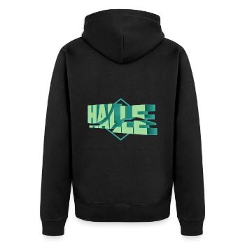 Halle Deutschland Stadt 3D Schrift Skyline - Unisex Premium Bio Zip Hoodie - Schwarz - Hinten - Nico (187cm)