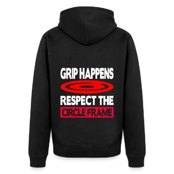 Grip Happens Respect The Circle Frame - Unisex Premium Bio Zip Hoodie - Schwarz - Hinten - Nico (187cm)