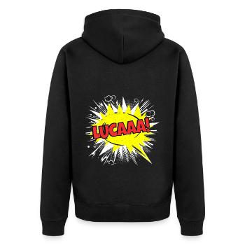 Luca Name Lustige Sprechblase Lucaaa! - Unisex Premium Bio Zip Hoodie - Schwarz - Hinten - Nico (187cm)