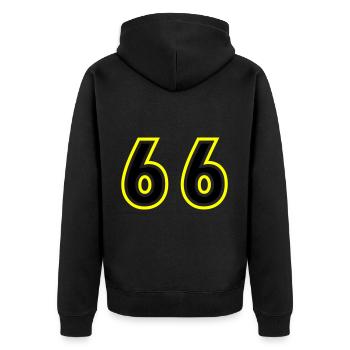 66 Zahl College - Unisex Premium Bio Zip Hoodie - Schwarz - Hinten - Nico (187cm)
