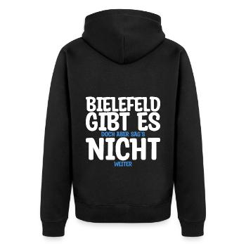 Bielefeld gibt es nicht Geschenk - Unisex Premium Bio Zip Hoodie - Schwarz - Hinten - Nico (187cm)