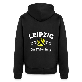 Zuhause im Osten - Unisex Premium Bio Zip Hoodie - Schwarz - Hinten - Nico (187cm)