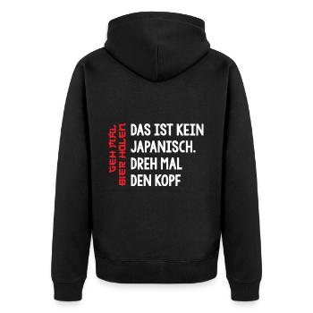 Das ist kein japanisch dreh mal den Kopf Bier - Unisex Premium Bio Zip Hoodie - Schwarz - Hinten - Nico (187cm)