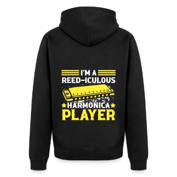 Mundharmonika Spieler und Mundharmonika - Unisex Premium Bio Zip Hoodie - Schwarz - Hinten - Nico (187cm)
