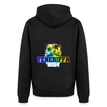 Teneriffa 2024 Urlaub Palmen Bunt - Unisex Premium Bio Zip Hoodie - Schwarz - Hinten - Nico (187cm)