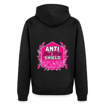 Anti-Bad-Vibes-Schild Feministisch - Unisex Premium Bio Zip Hoodie - Schwarz - Hinten - Nico (187cm)