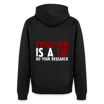 Evolution Is A Lie, Do Your Research - Unisex Premium Bio Zip Hoodie - Schwarz - Hinten - Nico (187cm)