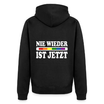 Nie wieder ist jetzt - Unisex Premium Bio Zip Hoodie - Schwarz - Hinten - Nico (187cm)