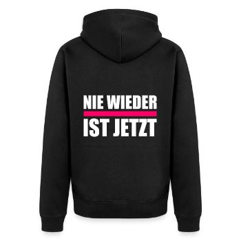 Nie wieder ist jetzt - Unisex Premium Bio Zip Hoodie - Schwarz - Hinten - Nico (187cm)