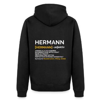 Hermann - Unisex Premium Bio Zip Hoodie - Schwarz - Hinten - Nico (187cm)