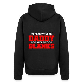 I'm Proof That My Daddy Doesn't Shoot Blanks 3 - Unisex Premium Bio Zip Hoodie - Schwarz - Hinten - Nico (187cm)