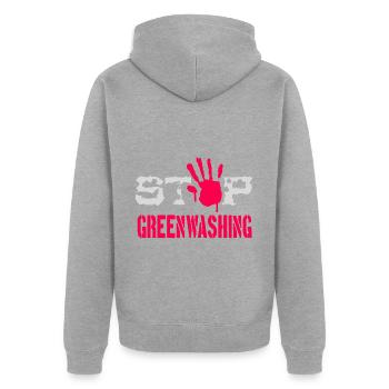 Stopp Greenwashing - Unisex Premium Bio Zip Hoodie - Grau meliert - Hinten - Nico (187cm)