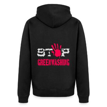Stop Greenwashing - Unisex Premium Organic Zip Hoodie - black - Back - Nico (187cm)