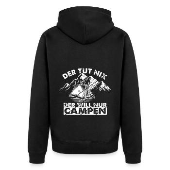 Der tut nix Der will nur Campen - Camper & Camping - Unisex Premium Bio Zip Hoodie - Schwarz - Hinten - Nico (187cm)