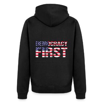 Democracy First USA Democracy Freedom - Unisex Premium Organic Zip Hoodie - black - Back - Nico (187cm)