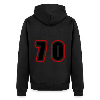 70 Zahl College - Unisex Premium Bio Zip Hoodie - Schwarz - Hinten - Nico (187cm)