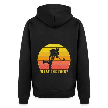 What the Puck? - Unisex Premium Bio Zip Hoodie - Schwarz - Hinten - Nico (187cm)