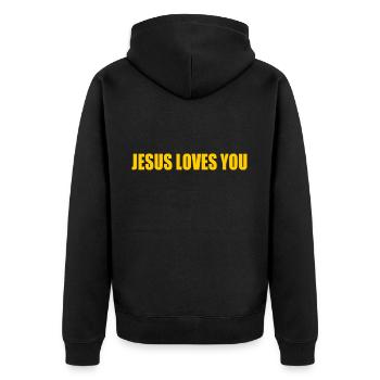 Jesus loves you - Unisex Premium Bio Zip Hoodie - Schwarz - Hinten - Nico (187cm)