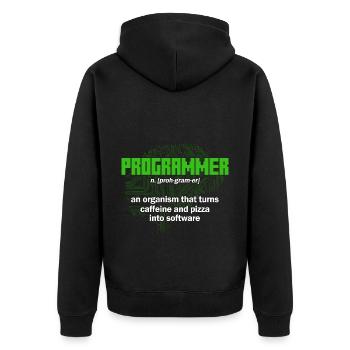 Turns caffeine and pizza into software Software-En - Unisex Premium Organic Zip Hoodie - black - Back - Nico (187cm)