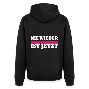 Nie wieder ist jetzt - Unisex Premium Bio Zip Hoodie - Schwarz - Hinten - Nico (187cm)