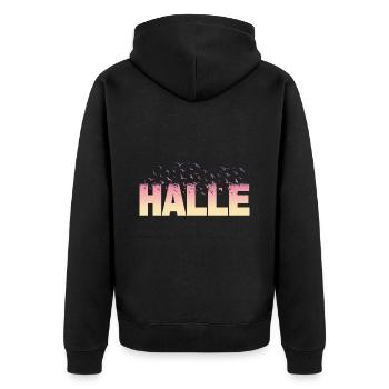 Halle Deutschland Stadt Schrift Vögel Skyline - Unisex Premium Bio Zip Hoodie - Schwarz - Hinten - Nico (187cm)