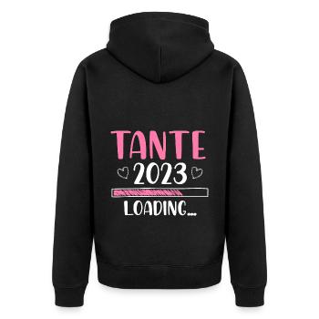 Tante 2023 Loading - Unisex Premium Bio Zip Hoodie - Schwarz - Hinten - Nico (187cm)