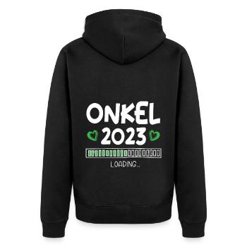Onkel 2023 Loading - Unisex Premium Bio Zip Hoodie - Schwarz - Hinten - Nico (187cm)