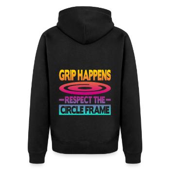 Grip Happens Respect The Circle Frame - Unisex Premium Bio Zip Hoodie - Schwarz - Hinten - Nico (187cm)