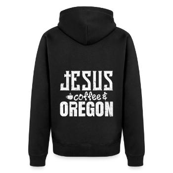 Jesus Kaffee und Oregon - Unisex Premium Bio Zip Hoodie - Schwarz - Hinten - Nico (187cm)