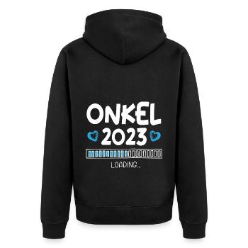 Onkel 2023 Loading - Unisex Premium Bio Zip Hoodie - Schwarz - Hinten - Nico (187cm)