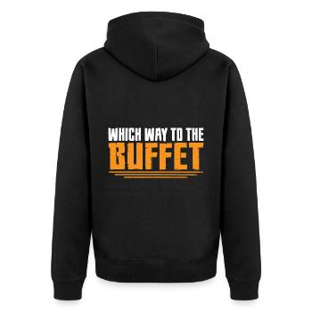 Which Way To The Buffet 34 - Unisex Premium Bio Zip Hoodie - Schwarz - Hinten - Nico (187cm)