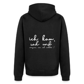 Ich kam, sah und vergaß - Unisex Premium Bio Zip Hoodie - Schwarz - Hinten - Nico (187cm)