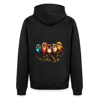 Cooles buntes Eulen Motiv - 5 Eulen - Unisex Premium Bio Zip Hoodie - Schwarz - Hinten - Nico (187cm)