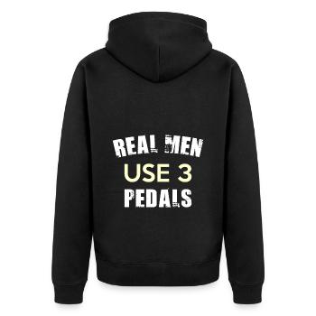 REAL MEN USE 3 PEDALS - Unisex Premium Bio Zip Hoodie - Schwarz - Hinten - Nico (187cm)